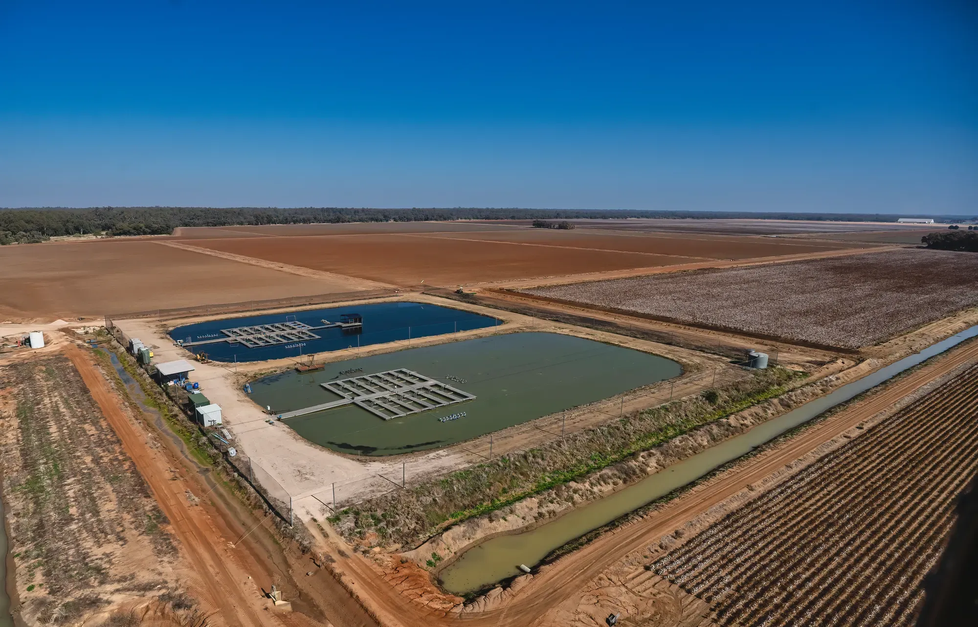An aerial view of Aquna Murray Cod's floating cage system
