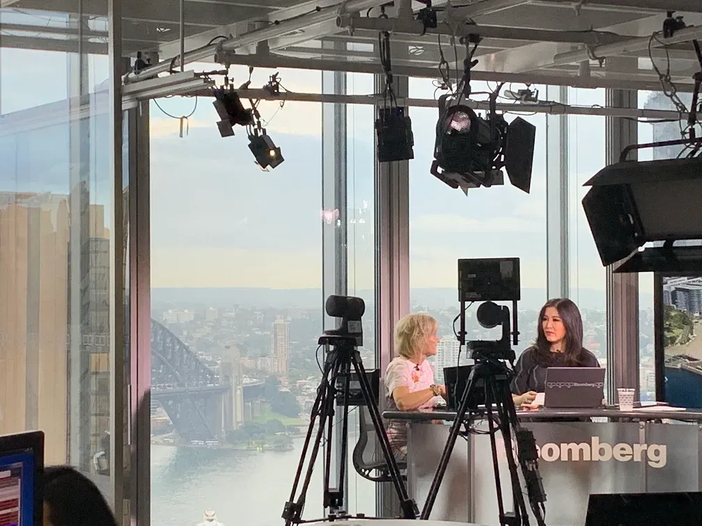 A radio studio desk set up for an interview