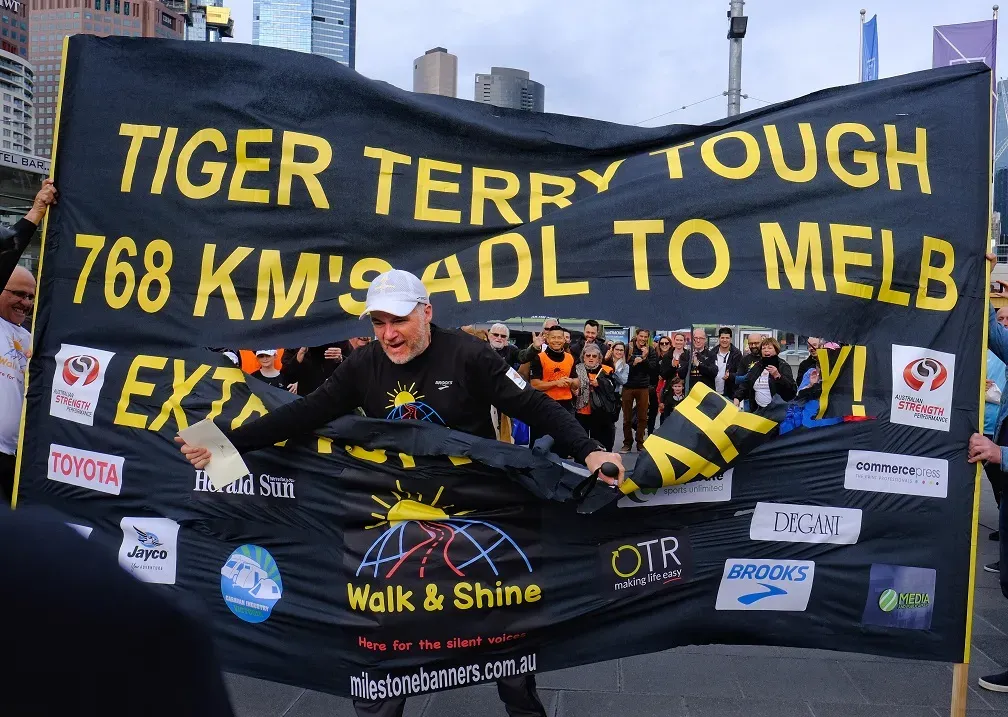 The Walk and Shine banner at the finish of the Adelaide to Melbourne walk